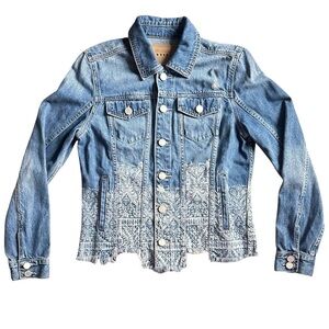 BlankNYC Women’s Denim Jacket Size Small Distressed Hem Paisley Print Jean Coat